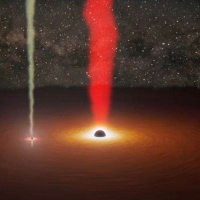 Na obrázku: umělecká představa aktivní galaxie OJ 287, zdroj: NASA/JPL-Caltech/R. Hurt (IPAC) & M. Mugrauer (AIU Jena).